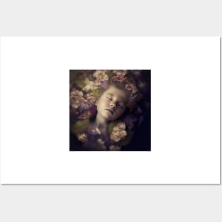 A Young Child Asleep in A Bed of Flowers Posters and Art